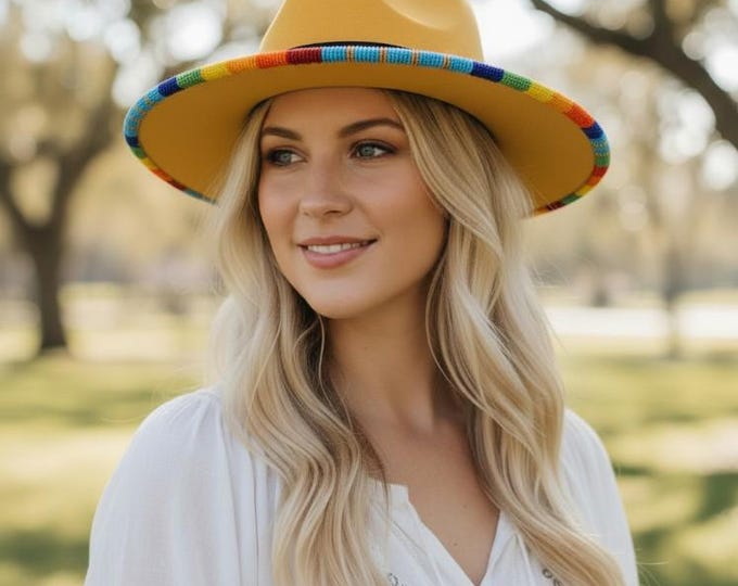 Mustard Yellow Wool Fedora with Multi-Color Beaded Brim - Boho Festival Wide Brim Hat