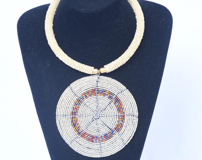 On SALE African Elegant Beige Beaded Necklace with Multi-Colored Disc Pendant - Handcrafted Art| Stylish | Gift for Her | Masai Mara