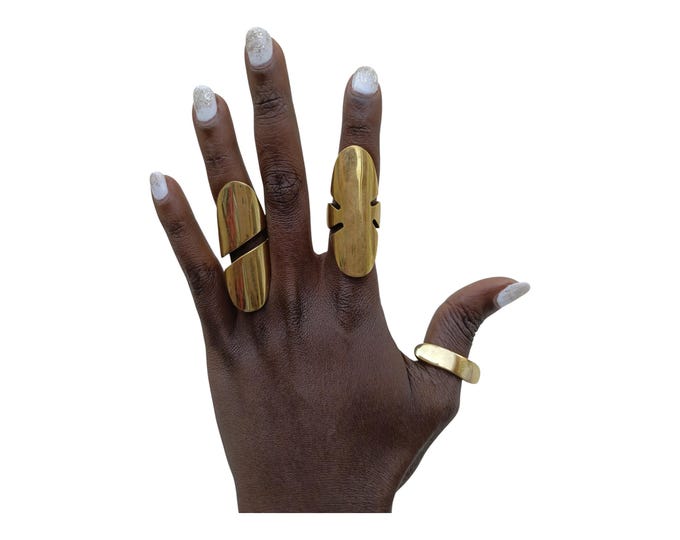 On sale A Set of 3 African Bold Brass Full Finger & Wide Band Ring Set - Statement Hand Jewelry