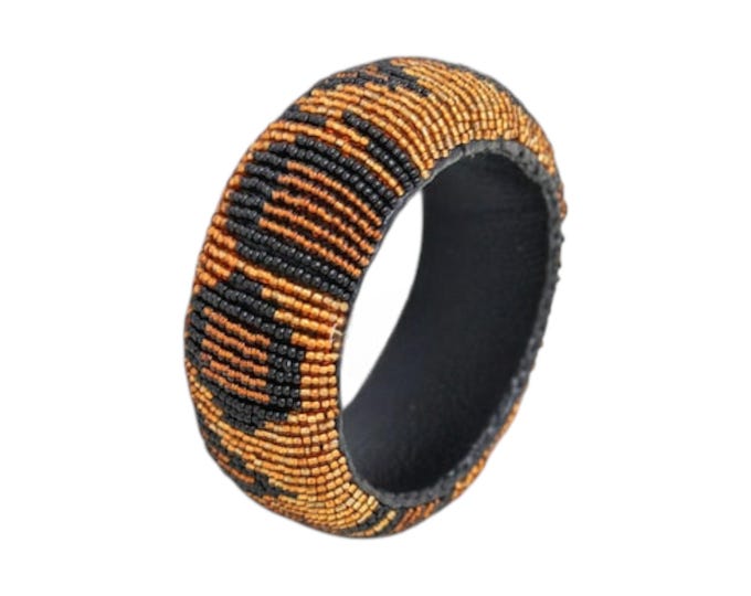 Leopard Print African Beaded Bangle | Bold Gold and Black Statement Bracelet | Handmade Maasai Animal Print Cuff