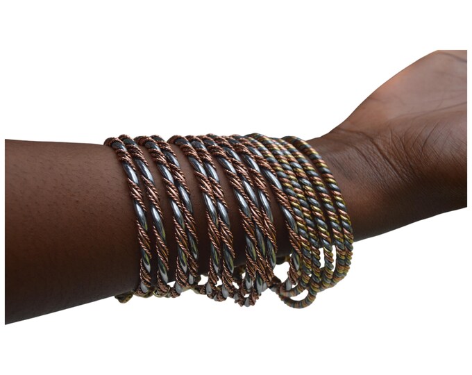 On sale A Group of 15 Twisted Trio Tone Bangle Set - Handcrafted Brass, Copper & Silver Color Bangles