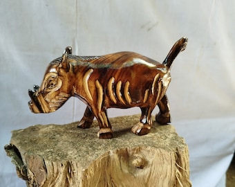 Handcarved Warthog Sculpture: Kamba Tribe Wood "Ngiri" Art