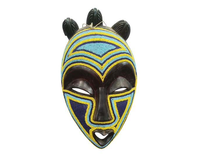 ON SALE!!Vibrant Beaded African Mask with Geometric Patterns Wall Decor Display Wall Hanging Ceremonial