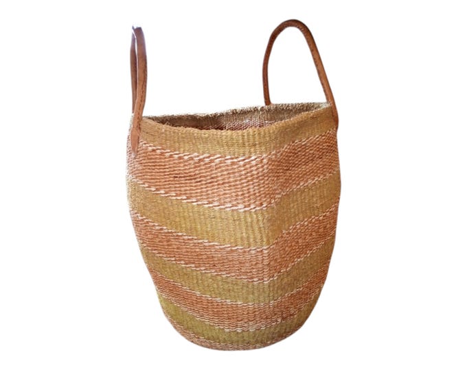 African Brown Beige Brown Sisal Kiondo Beach Bag Handmade Unique Gift African Decor Shopping Bag Laundry Basket
