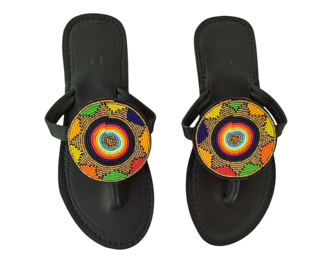 Colorful Circle Sandals Women Summer Beach Handmade African Wedding Bday Gift Unique Beaded Flip Flops Leather Look Finest Beads Art