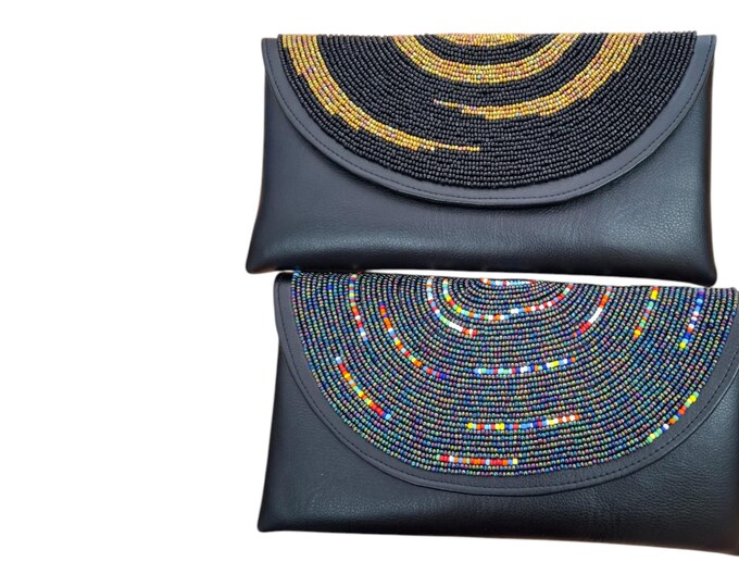 Handcrafted African Beaded Black Leather Clutch, Gold & Rainbow Beaded Envelope Evening Purse, Boho Chic Gift for Her