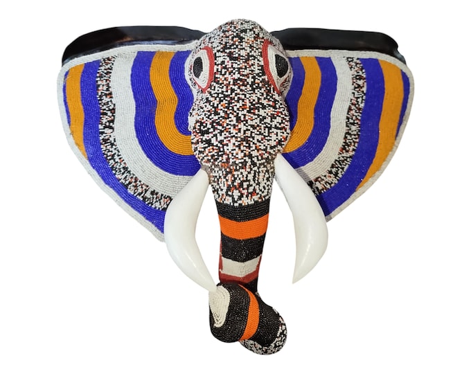 A  Hand-Beaded Elephant Head Wall Art in Blue, Orange & White Animal Theme Wisdom and Cultural Significance African Wall Hanging