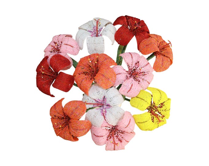 Handcrafted African Beaded Hibiscus Bouquet, Tropical Forever Flowers in Sunset Colors (Pink, Red, Orange)