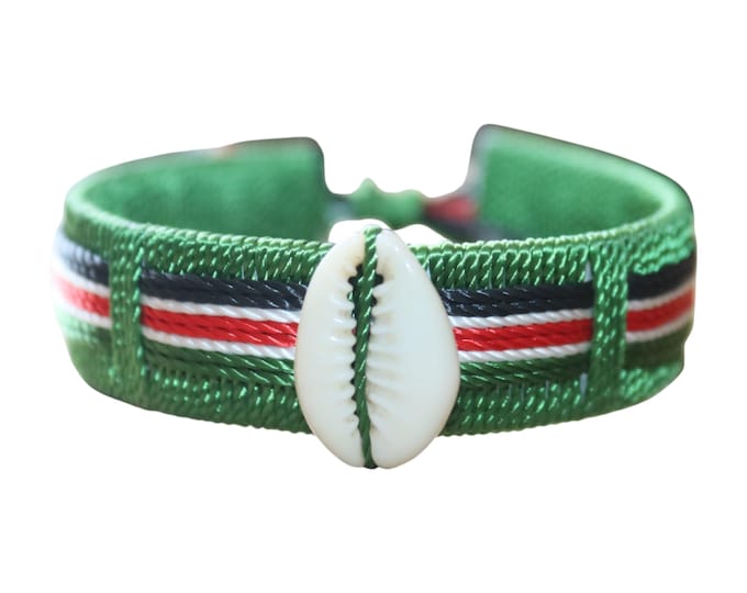 African Woven Cowrie Shell Bracelet | Green Thread Cuff with Kenyan Flag Colors | Handmade Jewelry