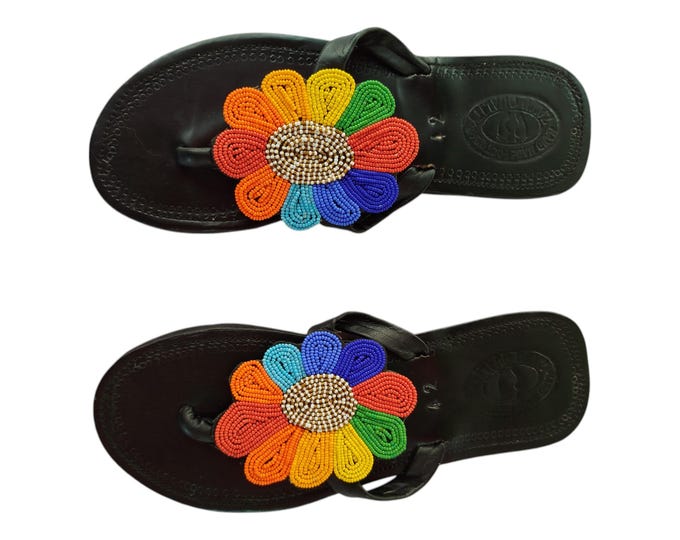 Stunning Colorful Flower Sandals Women Summer Beach Handmade African Wedding Birthday Gift Unique Beaded Flip Flops Leather Look Finest Bead