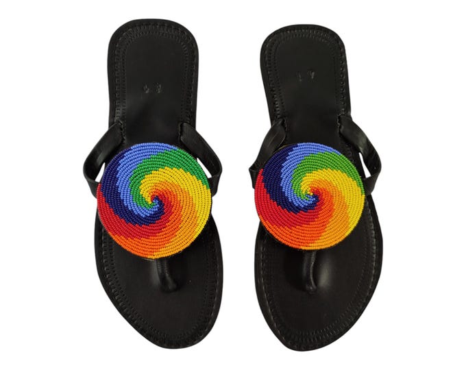 Rainbow Swirl Sandals Women Summer Beach Handmade African Wedding Birthday Gift Colorful Leather Beads Unique Circle Flip Flops Art Wow