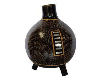 A Hand-Painted Black Wooden Gourd with Gold Dot and Rectangle Pattern - African Art Decor- Cultural Wall Art- Unique Home decor