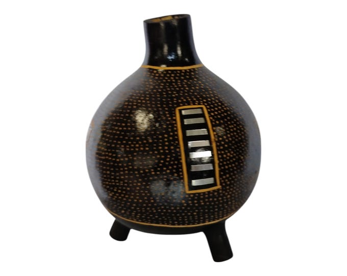 A Hand-Painted Black Wooden Gourd with Gold Dot and Rectangle Pattern - African Art Decor- Cultural Wall Art- Unique Home decor