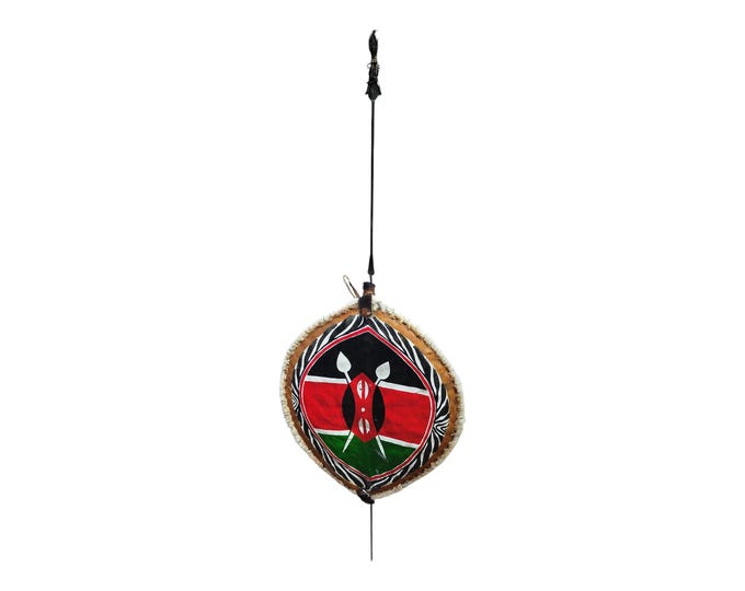 Hand Painted Kenyan Flag Shield & Spear Tribal Art Wall Decor Kenya Pride Warrior Set Collectible Display