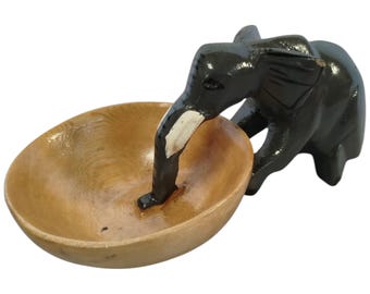Hand-Carved Wooden Elephant & Bowl Stand - Rustic African Art Decor - Home Decor