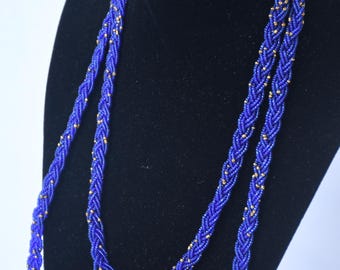 Blue Beaded Necklace: Maasai Style with Golden Accents