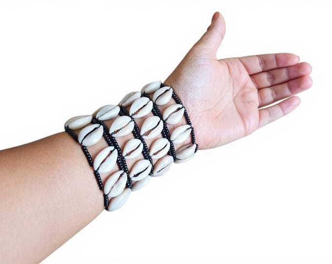 Set of 4 Cowrie Shell  Bracelets Summer Jewelry African Handmade Statement Armband Multi Row Black Beads Wedding Birthday Gift For Her Chic