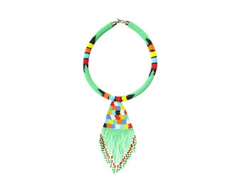 Mint Green Beaded Choker Necklace | African Tribal Fringe Bib | Statement Collar