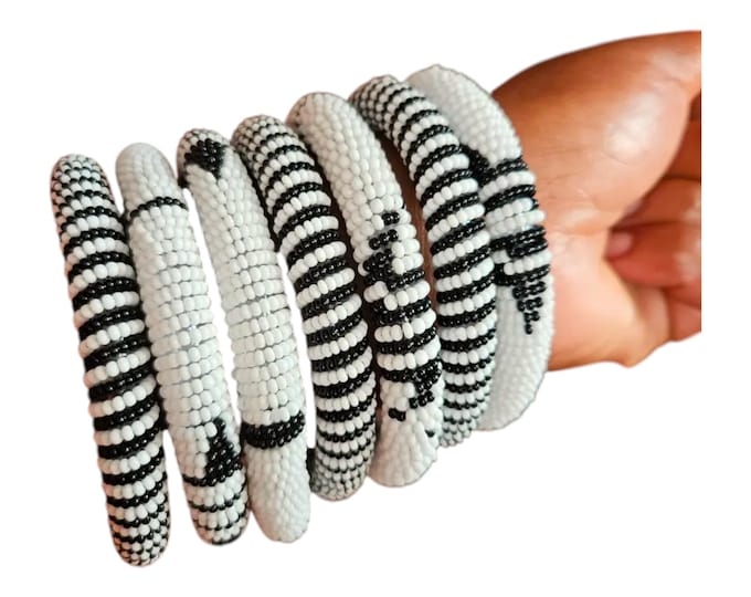 Chic Black White Maasai Wedding Bangles Set 6piece Handmade African Bridal Bracelets Stackable Seed Bead Art Tribal Statement Finest Beads