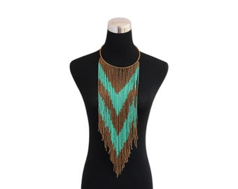 Long Chevron Beaded Fringe Necklace | Mint Green & Bronze Statement V-Drop | African Tribal Choker