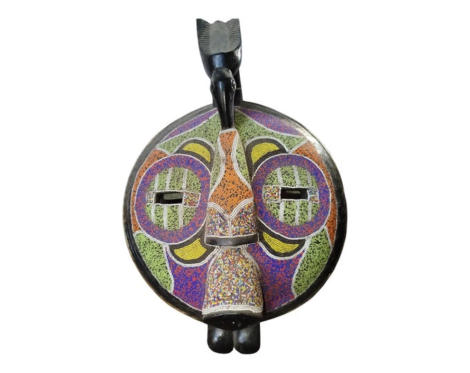 On Sale Unique Ancestral Guardian: Circular Beaded African Mask with Bird Motif Wall Decor Display Wall Hanging Ceremonial