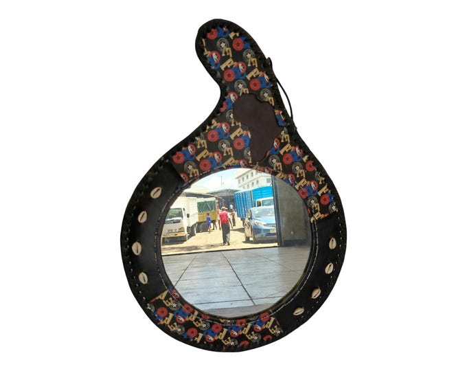 Hand-Painted African Wall Art: Calabash Charm | Unique Gourd-Shaped Mirror with African Accents - Unique decor