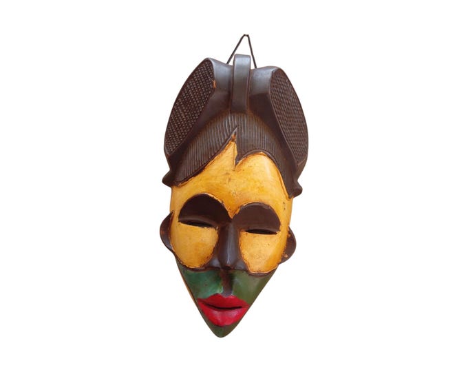 Vintage Hand Carved African Tribal Mask, Vibrant Baulé Style Wooden Wall Art, Collectible Ethnic African Decor, Mid-Century Modern Art Gift