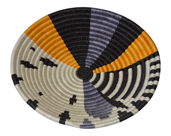 Handwoven Rwandan Basket Wall Decor, Black & Mustard Sisal Bowl, Modern African Wall Hanging Plate, Boho Decorative Catchall Tray