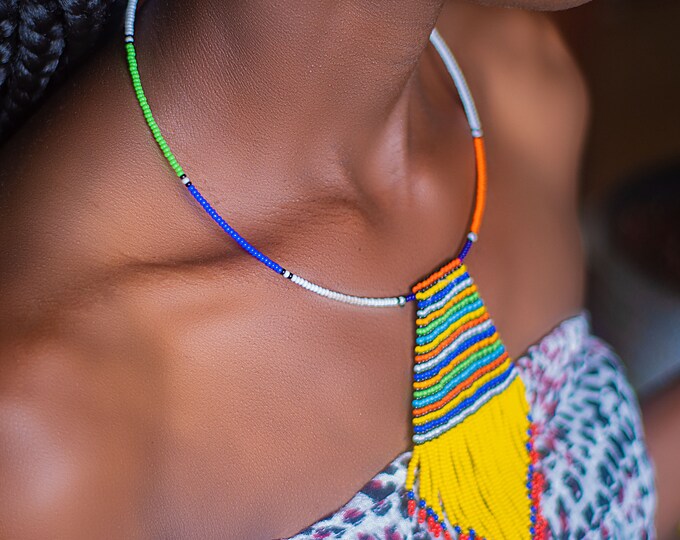 Beaded Orange Pendant African Necklace | Maasai Traditional | Gift for Her