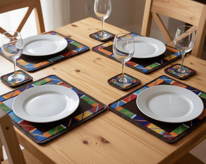Authentic Handmade African Beaded Leather Placemat & Coaster Set - Multicolor