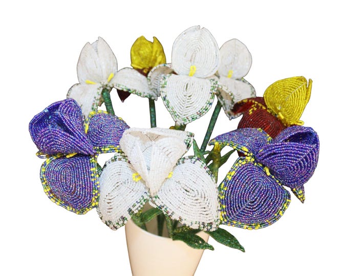Handcrafted African Beaded Iris Flower Bouquet, Purple, White, and Yellow Forever Flowers, Unique flowers