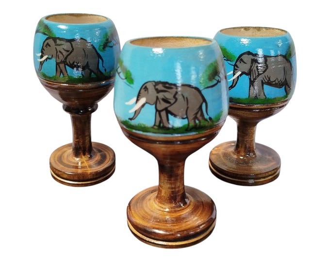 On sale !! Hand-Painted Wooden Goblets with Elephant & Savanna Motif - Set of Three |Traditional Decor| Home Decor