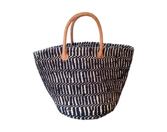 Handwoven Sisal Basket Bag: Black & White Boho Tote with Leather Handles