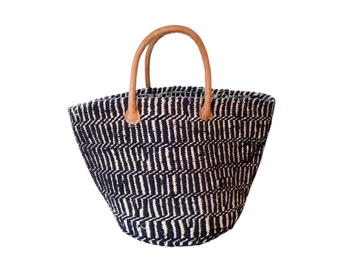 Handwoven Sisal Basket Bag: Black & White Boho Tote with Leather Handles