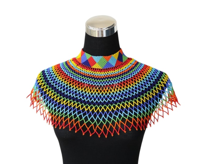 African Rainbow Beaded Net Collar Necklace, Handcrafted Tribal Geometric Capelet Choker, Colorful Zulu