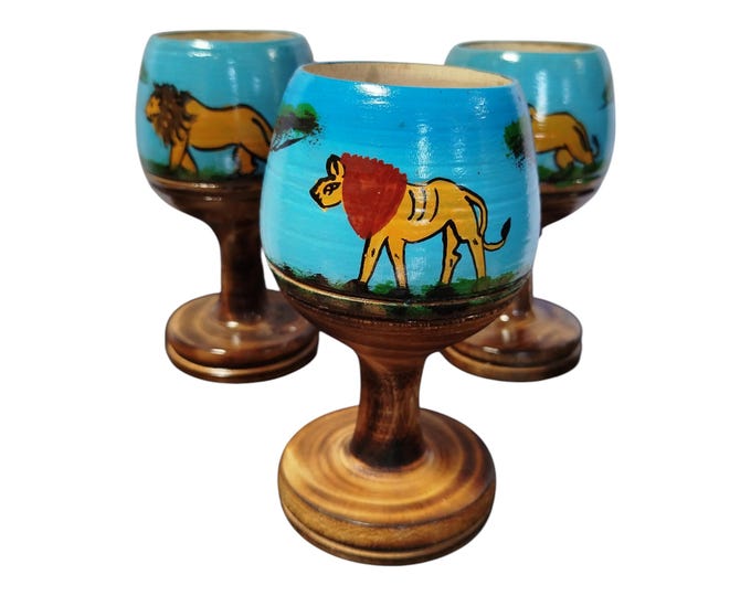 On sale !!Hand-Painted Wooden Goblets with Lion & Savanna Scenes - Set of Three |Traditional Decor| Home Decor