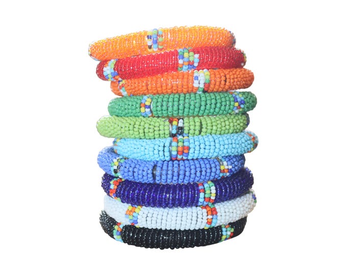 A Set of 10 African Beaded Roll Bracelets | Stackable Maasai Bangles | Multi-Color Accent Ethnic Jewelry