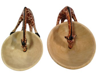 ON SALE!Hand-Carved Wooden Giraffe Bowl Stands - Pair of Drinking Giraffe Decor - Home Decor
