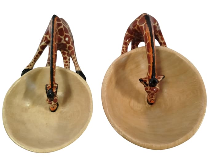ON SALE!Hand-Carved Wooden Giraffe Bowl Stands - Pair of Drinking Giraffe Decor - Home Decor