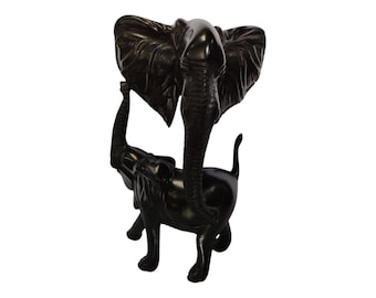 Hand-Carved Wooden Elephant Sculpture with Raised Trunk - African Art Decor | home decor