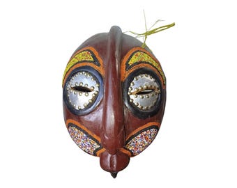 Enigmatic Guro/Baule Style Mask: Beaded & Embossed African Art Table top console top Art gift wood Wall Hanging Home Decor
