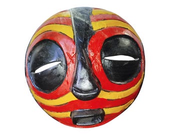 Exquisite Vibrant Luba Style Mask: Red & Yellow Striped African Art Table top console top Art gift wood Wall Hanging Home Decor
