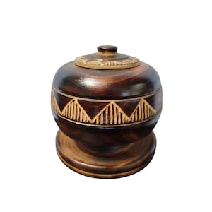Hand-Carved Wooden Lidded Pot: Tribal Motif Decorative Storage