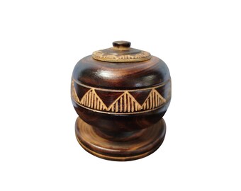 Hand-Carved Wooden Lidded Pot: Tribal Motif Decorative Storage