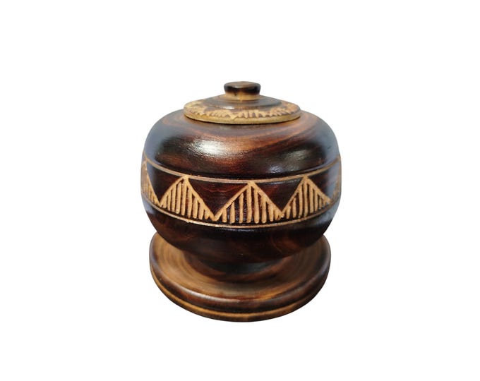 On sale!! Hand-Carved Wooden Lidded Pot with Tribal Motif - Decorative Storage |Traditional Decor| Home Decor
