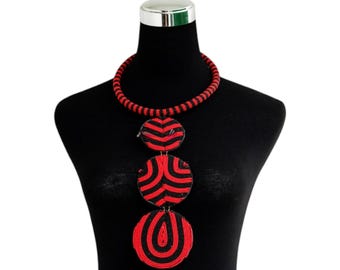 African Red & Black Geometric Disc Pendant Necklace, Long Beaded Swirl Drop Choker, Handcrafted necklace