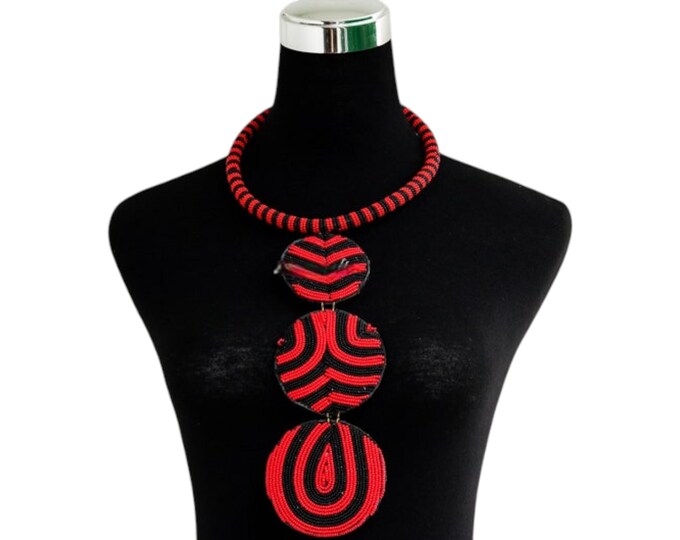 African Red & Black Geometric Disc Pendant Necklace, Long Beaded Swirl Drop Choker, Handcrafted necklace