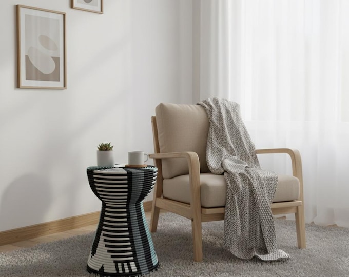 Handwoven Fiber Stool | Black and White Geometric Accent Table