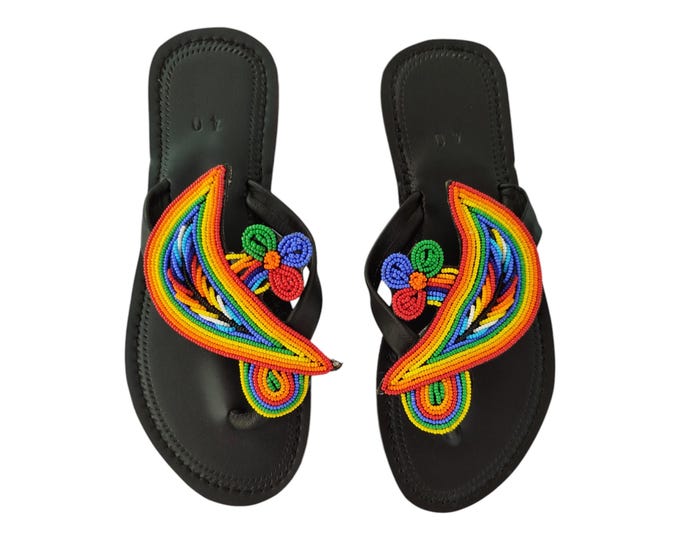 Rainbow Wing Flower Sandals Women Summer Beach Handmade African Wedding Bday Gift Unique Beaded Flip Flops Colorful Finest Beads Art Wow