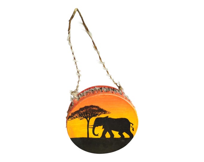 A Hand Painted Kenyan Mini Drum Elephant Sunset African Art Souvenir Decor Gift from Kenya Display Wall Decor
